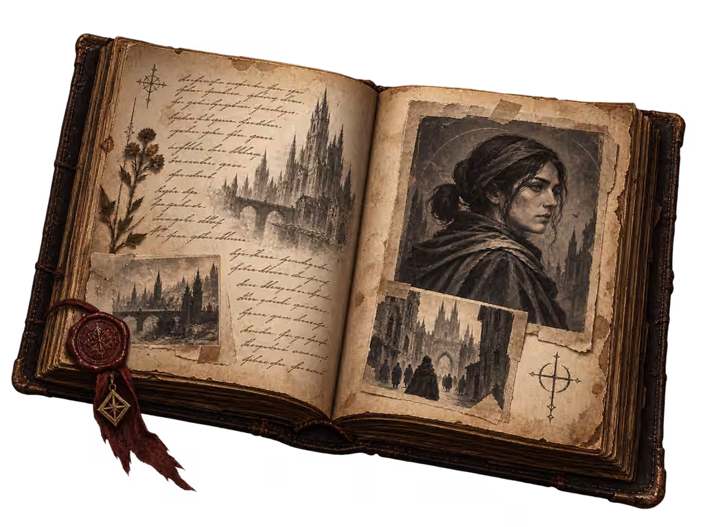 An antique illustrated journal with city sketches and a portrait